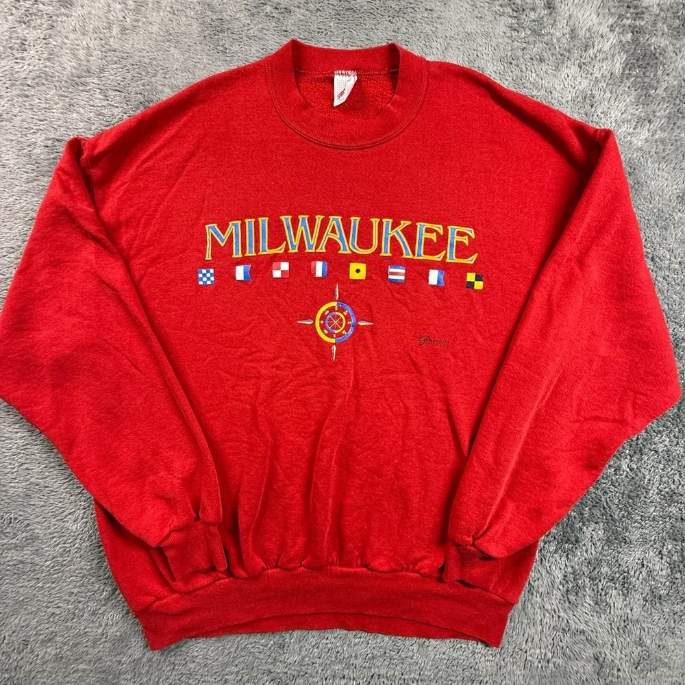 Vintage 90s Milwaukee Jerzees Sweatshirt USA Mens XL Red Fleece Nautical